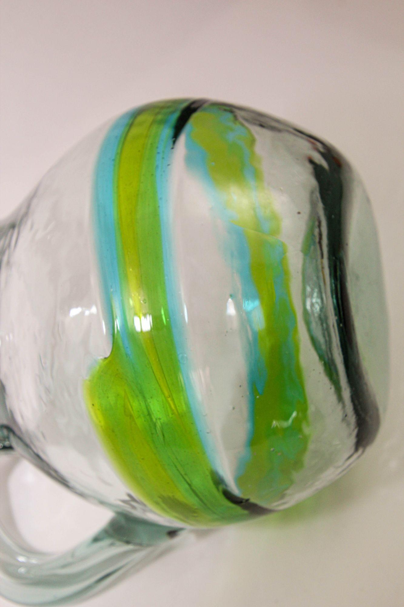 Murano Glass Hand blown Glass Pitcher With Green and Blue Swirl Design Mexico 1970s For Sale
