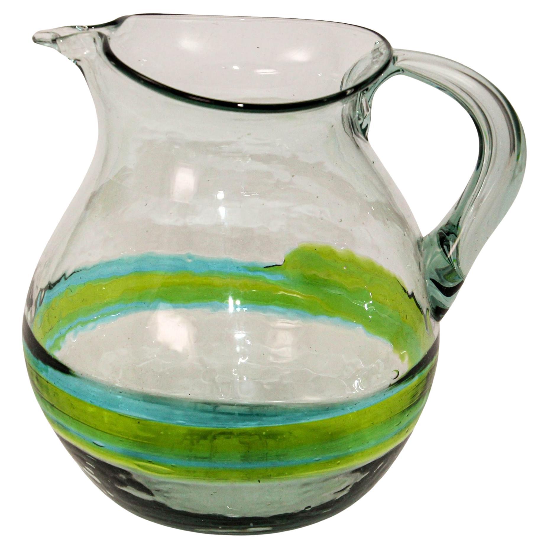 Hand blown Glass Pitcher With Green and Blue Swirl Design Mexico 1970s For Sale