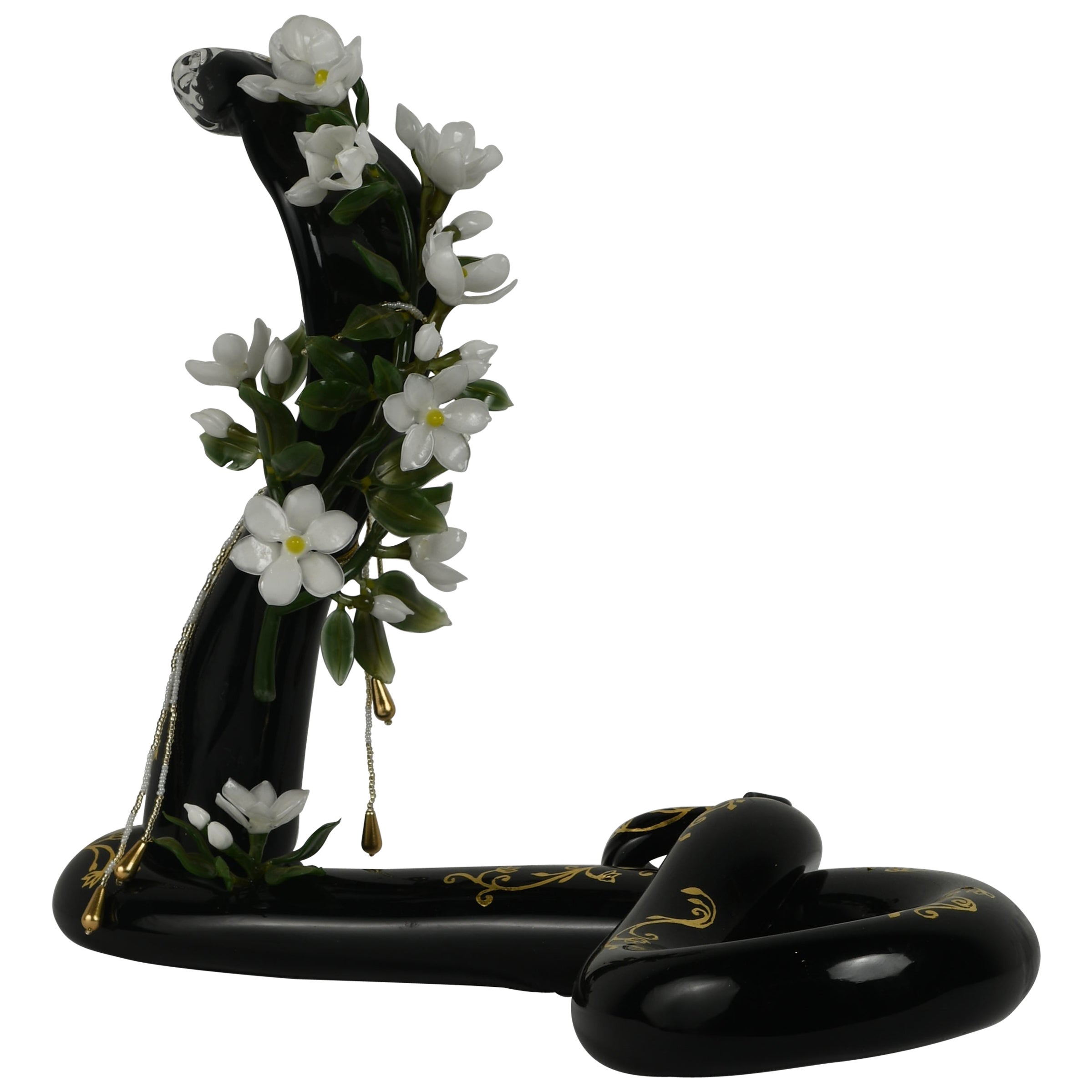 Cobra Reina de Vidrio Soplado a Mano con Dorado de Oro de 24K y Flores Flameworked en venta