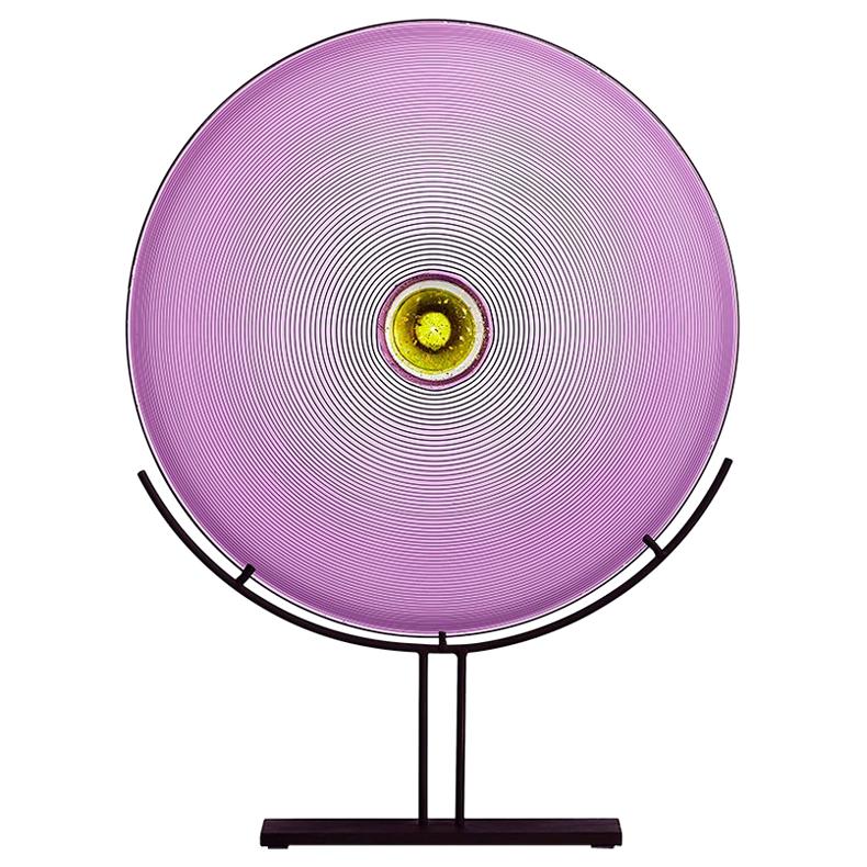 Hand Blown Glass Sculpture, Amethyst Disc, One of a Kind, by Vetro Vero For Sale