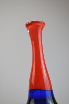 Hand Blown Glass Soliflore Vase Blue and Coral Red