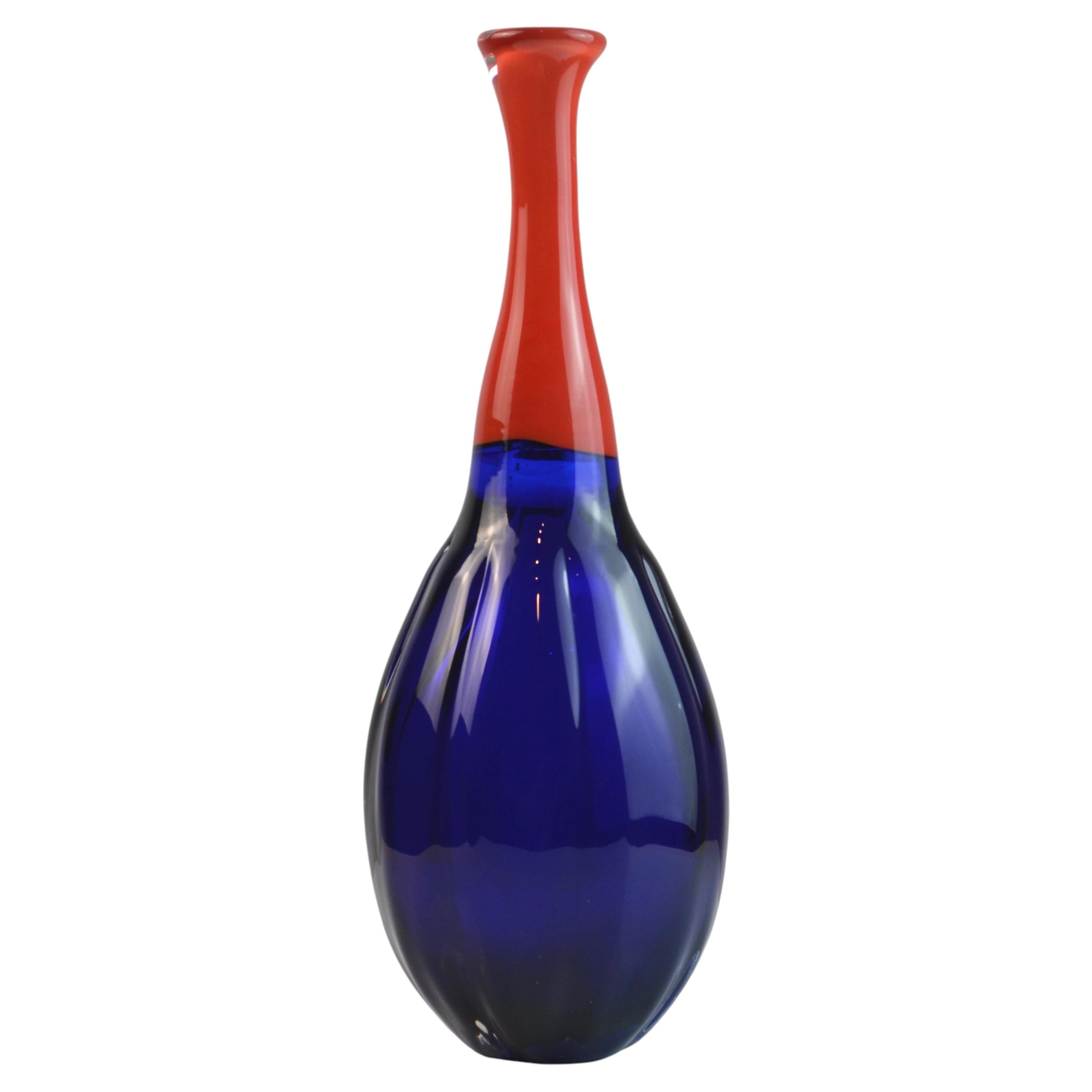 Hand Blown Glass Soliflore Vase Blue and Coral Red