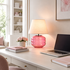 Hand-Blown Glass Table Lamp with Linen Shade in Rose