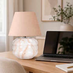 Handgeblasene Glas-Tischlampe mit Leinen-Lampenschirm in Weißmarmor