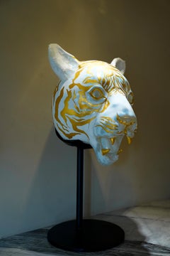 Hand-blown Glass White Tiger Head with 24K Gold Gilding