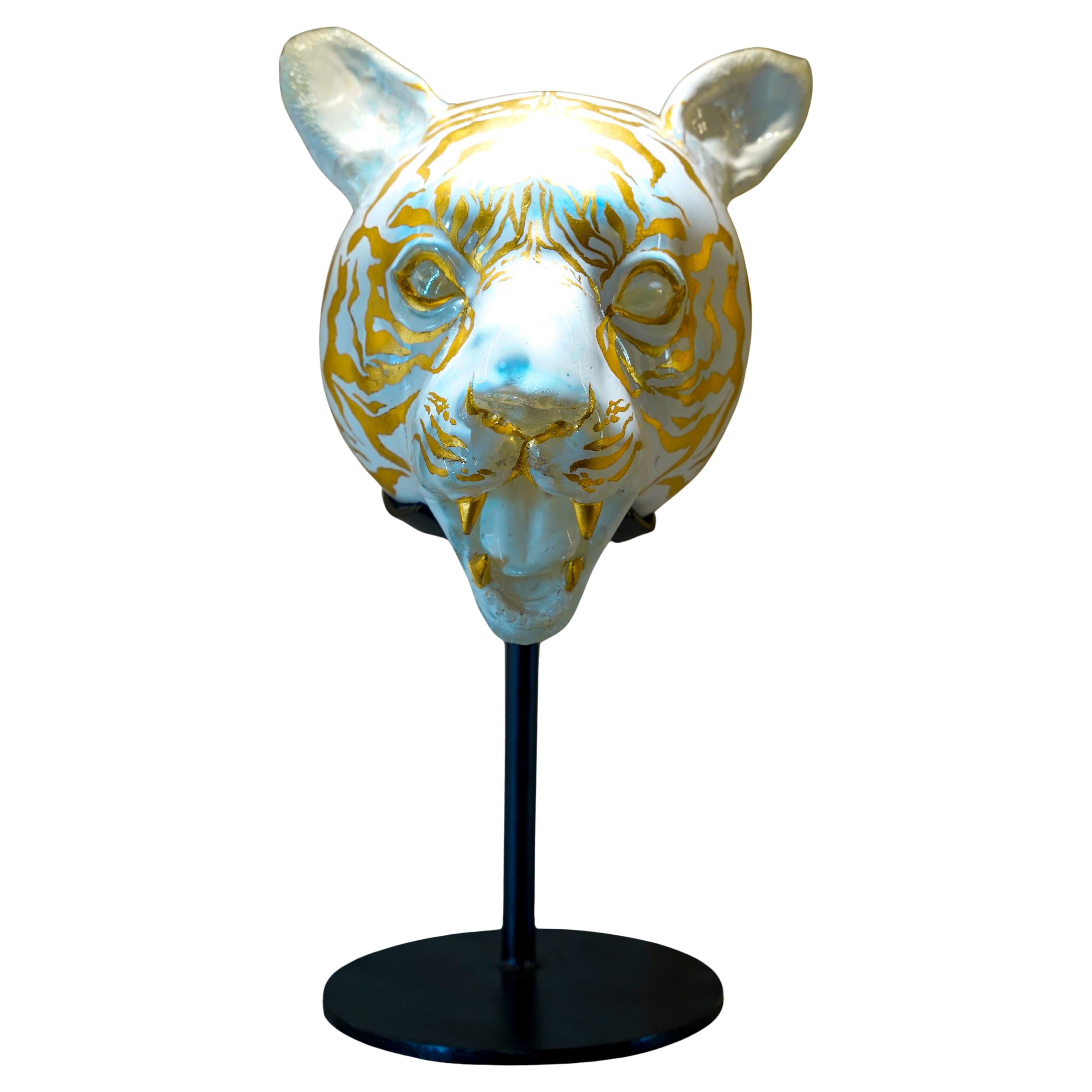 Hand-blown Glass White Tiger Head with 24K Gold Gilding