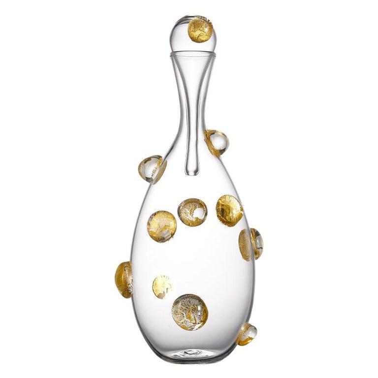 Hand Blown Glass Wine Carafe with Raised Gold Dots by Vetro Vero, Size
