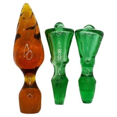 Vintage Hand Blown Glass Wine Decanter Bottle Stoppers in Green and Brown, Set of 3