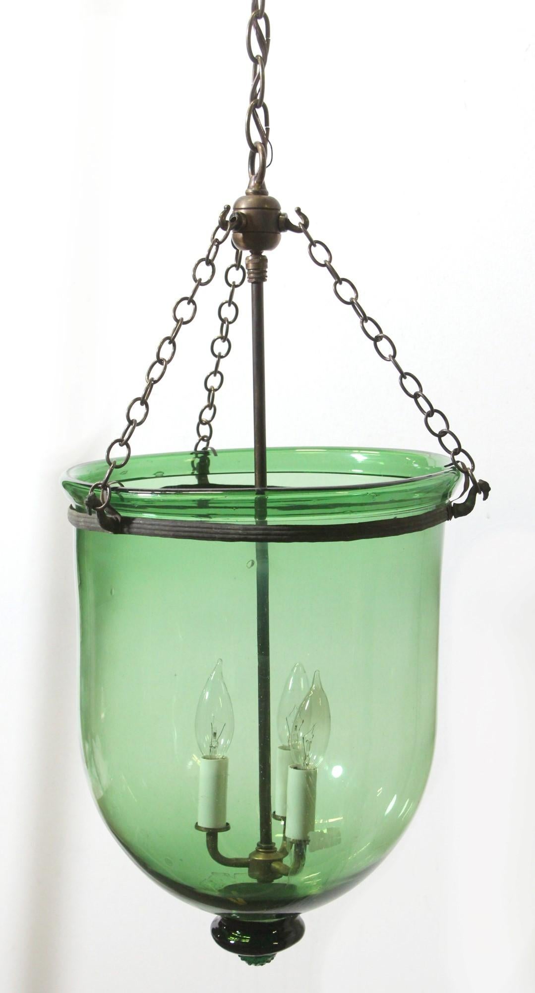 Hand Blown Green Glass Bell Jar Pendant Light w Brass Hardware + 3 lights In Good Condition In New York, NY