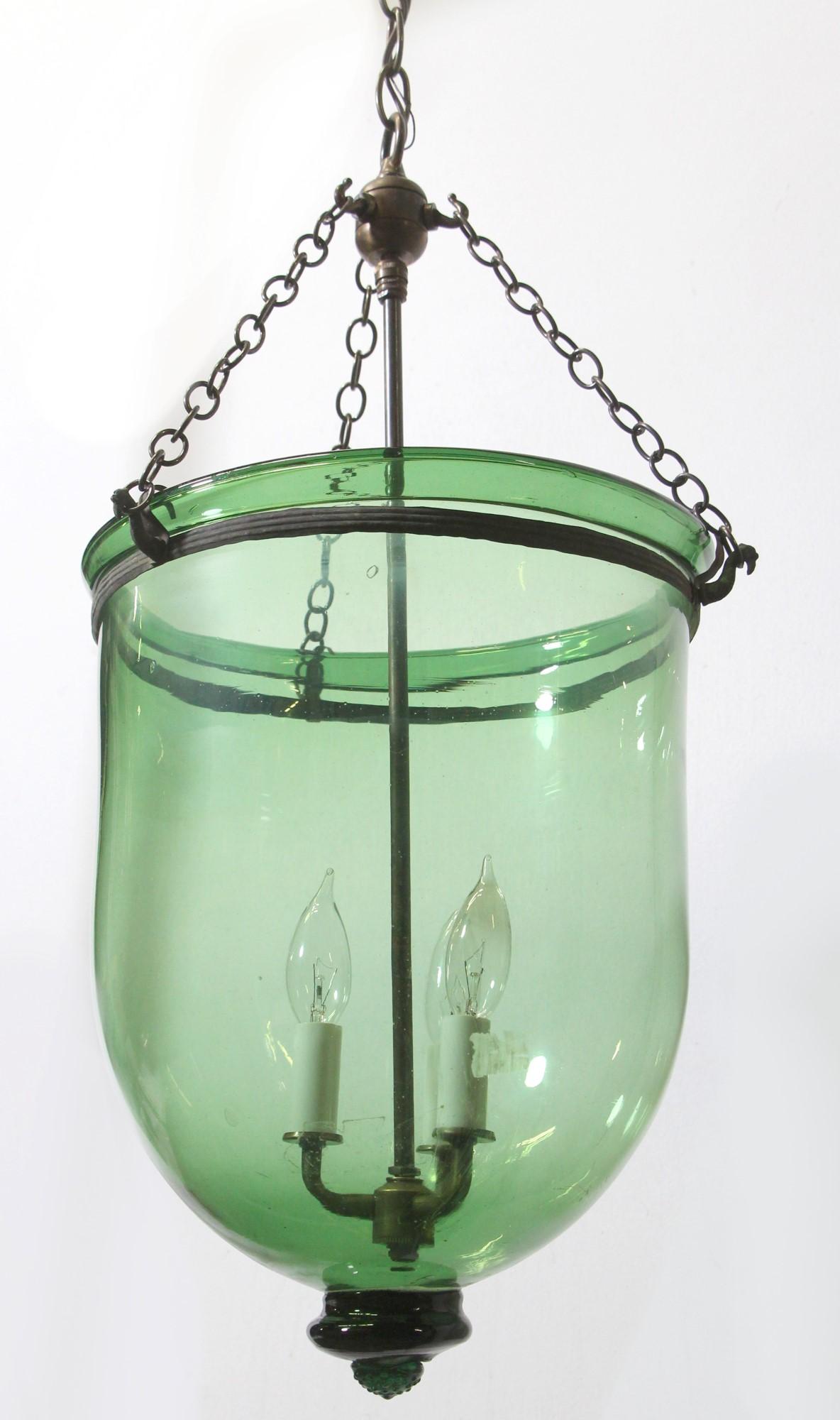 20th Century Hand Blown Green Glass Bell Jar Pendant Light w Brass Hardware + 3 lights