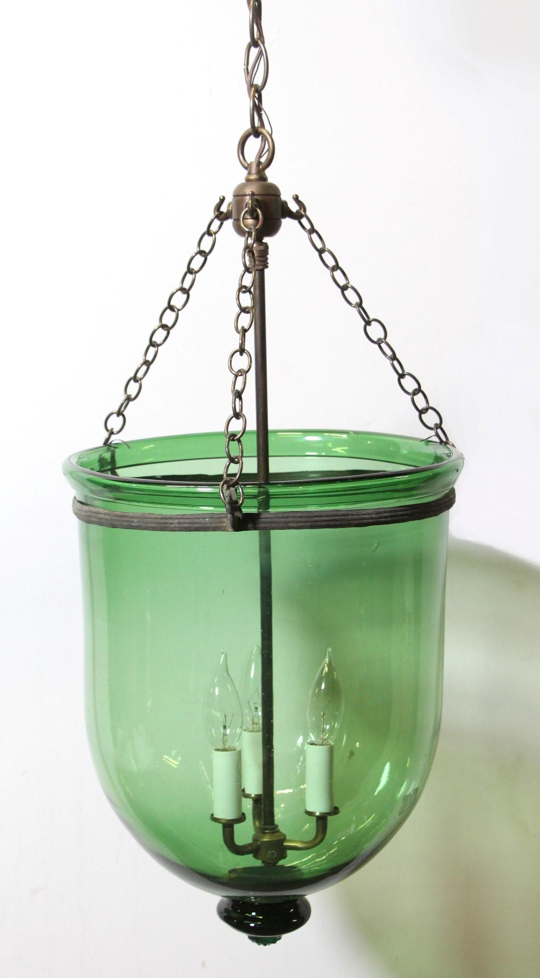 Hand Blown Green Glass Bell Jar Pendant Light w Brass Hardware + 3 lights 1