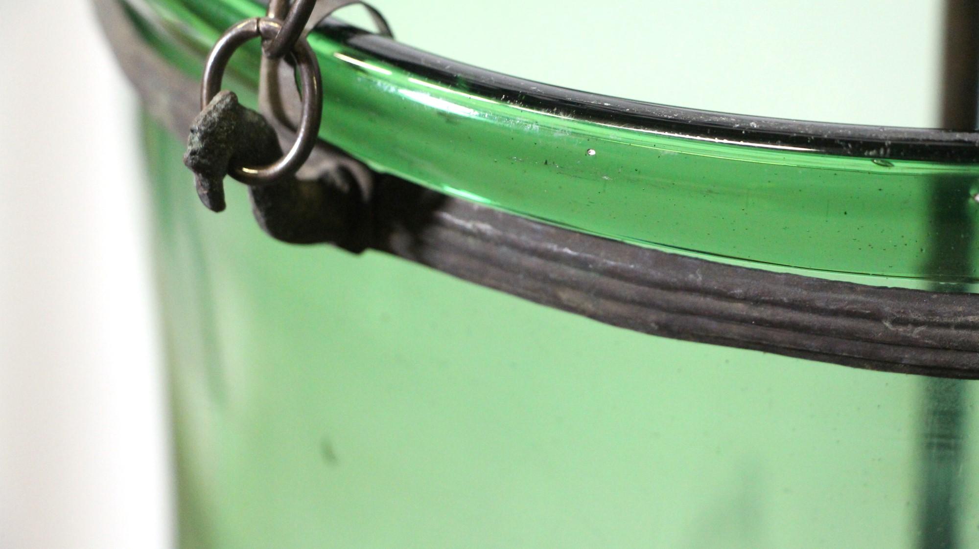 Hand Blown Green Glass Bell Jar Pendant Light w Brass Hardware + 3 lights 2
