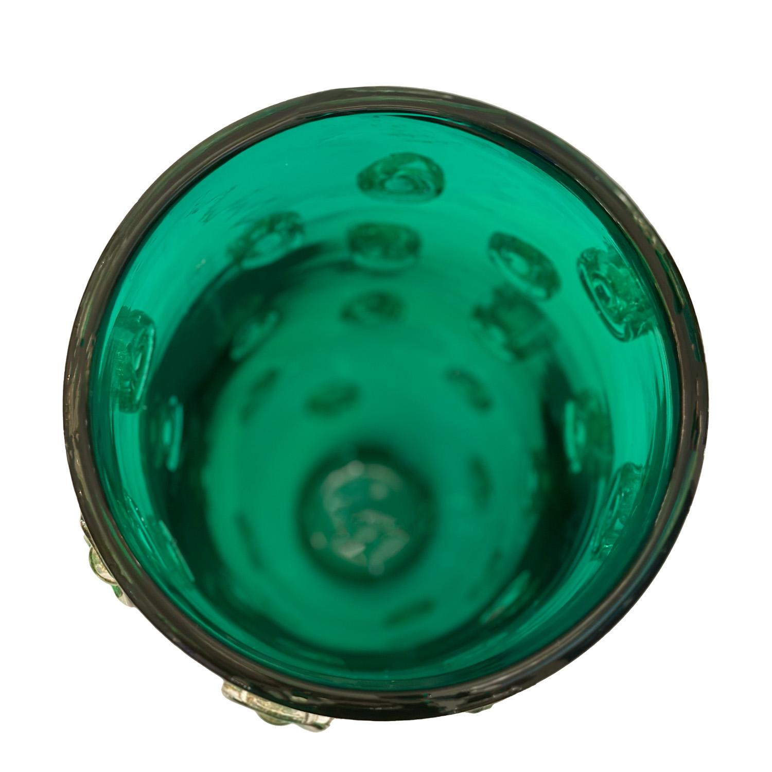 Modern Hand Blown Emerald Green Murano Glass Vase with Gold Leaf Infused Dot Design For Sale