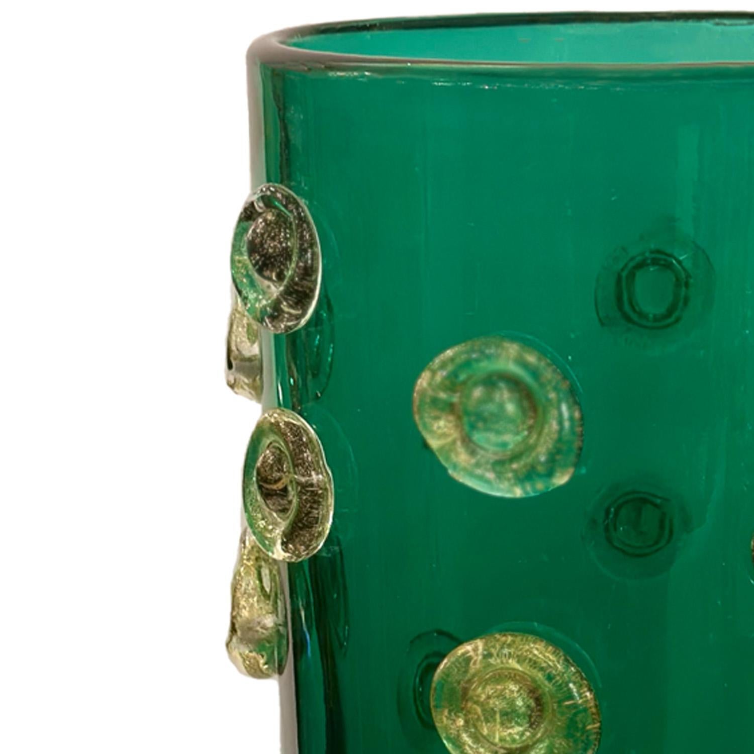 Italian Hand Blown Emerald Green Murano Glass Vase with Gold Leaf Infused Dot Design For Sale
