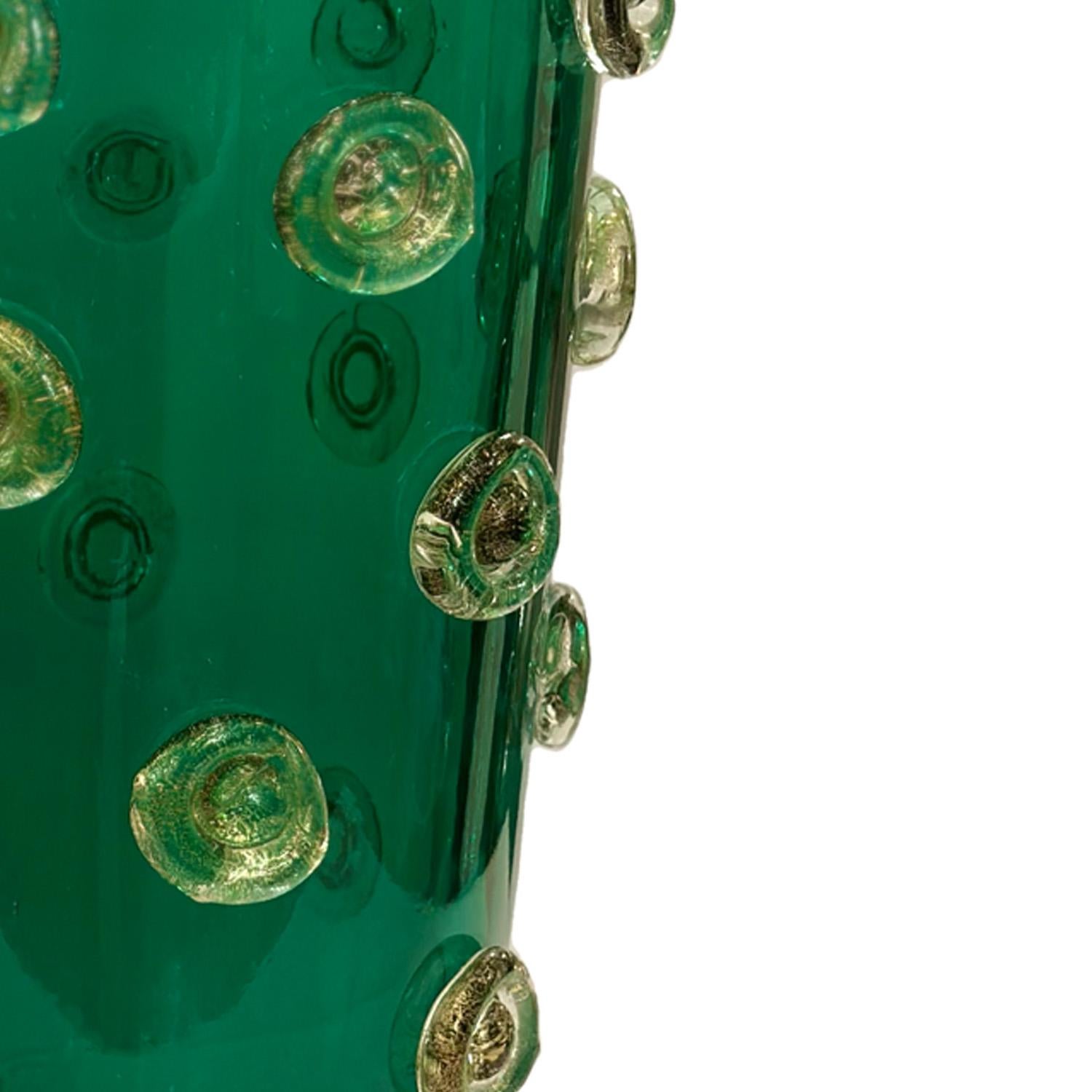 Hand-Crafted Hand Blown Emerald Green Murano Glass Vase with Gold Leaf Infused Dot Design For Sale