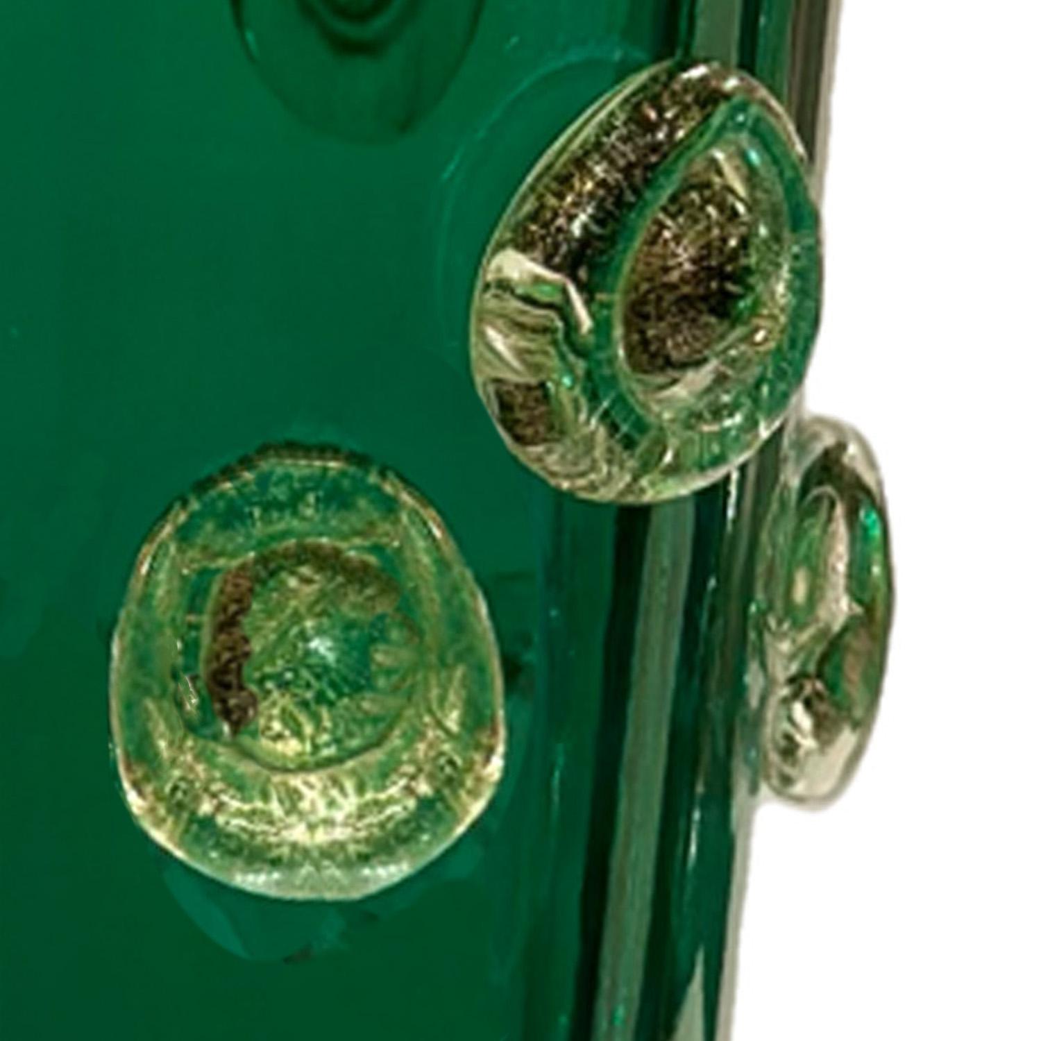 Hand Blown Emerald Green Murano Glass Vase with Gold Leaf Infused Dot Design In New Condition For Sale In New York, NY