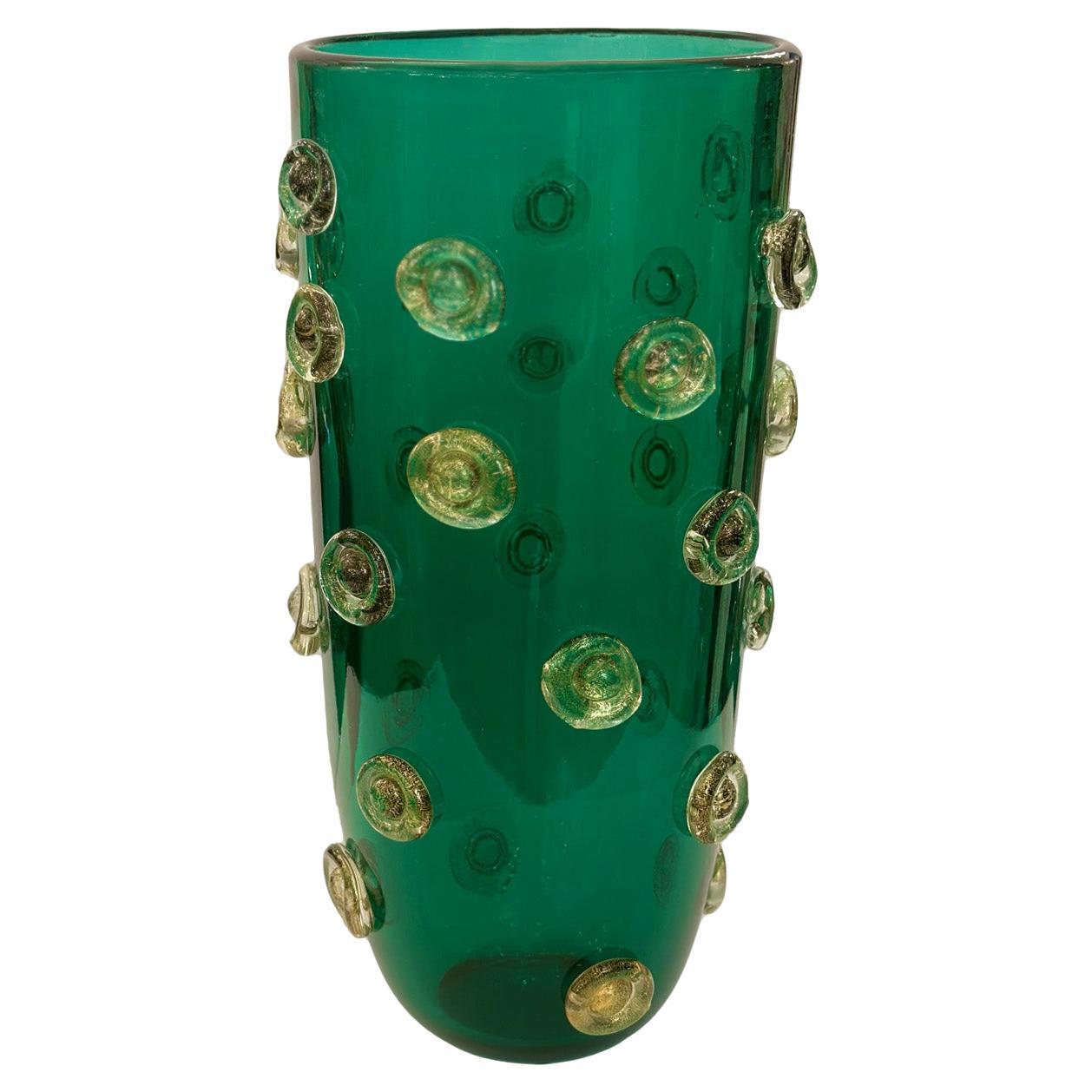 Hand Blown Emerald Green Murano Glass Vase with Gold Leaf Infused Dot Design