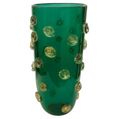 Hand Blown Emerald Green Murano Glass Vase with Gold Leaf Infused Dot Design