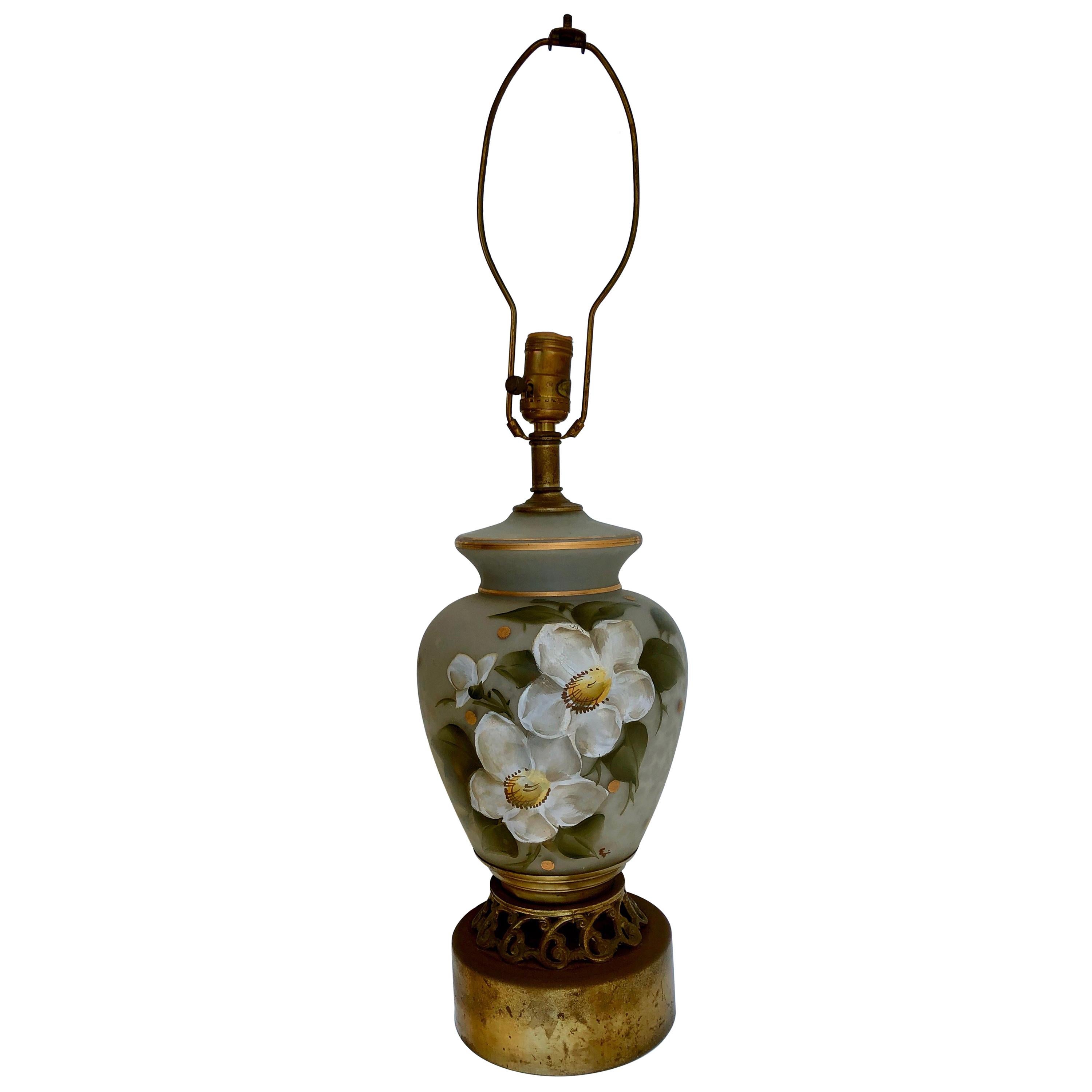 Hand Blown, Hand Painted Glass Lamp with Flowers and Great Detail on Gold Base For Sale