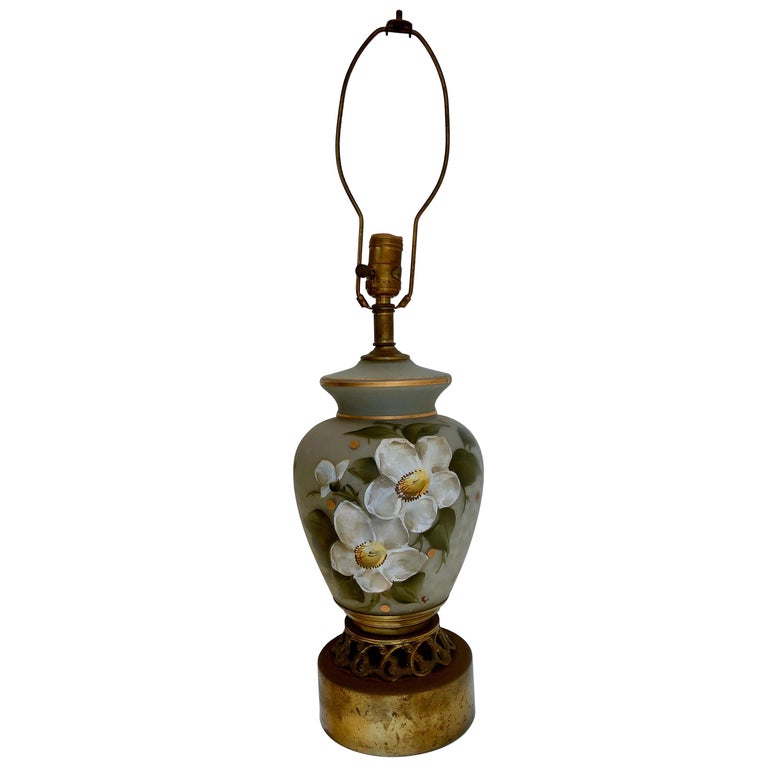 Hand Blown, Hand Painted Glass Lamp with Flowers and Great Detail on