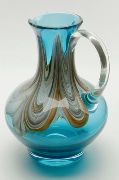 Hand Blown Handle Art Glass Pitcher with Agate-Colored Swirls