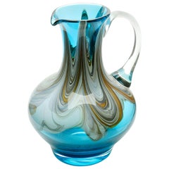 Hand Blown Handle Art Glass Pitcher with Agate-Colored Swirls