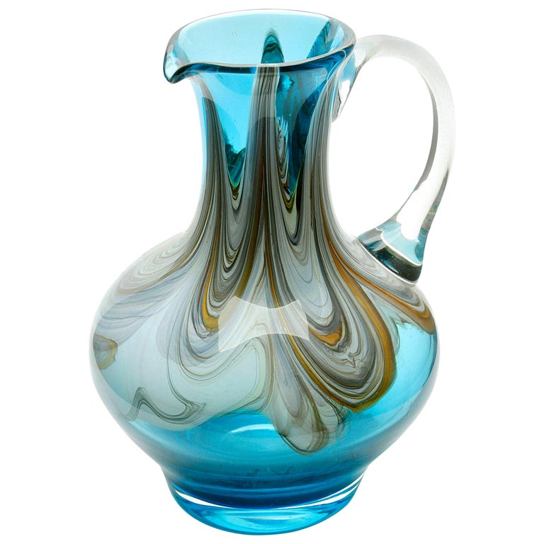 Hand Blown Handle Art Glass Pitcher with Agate-Colored Swirls For Sale ...
