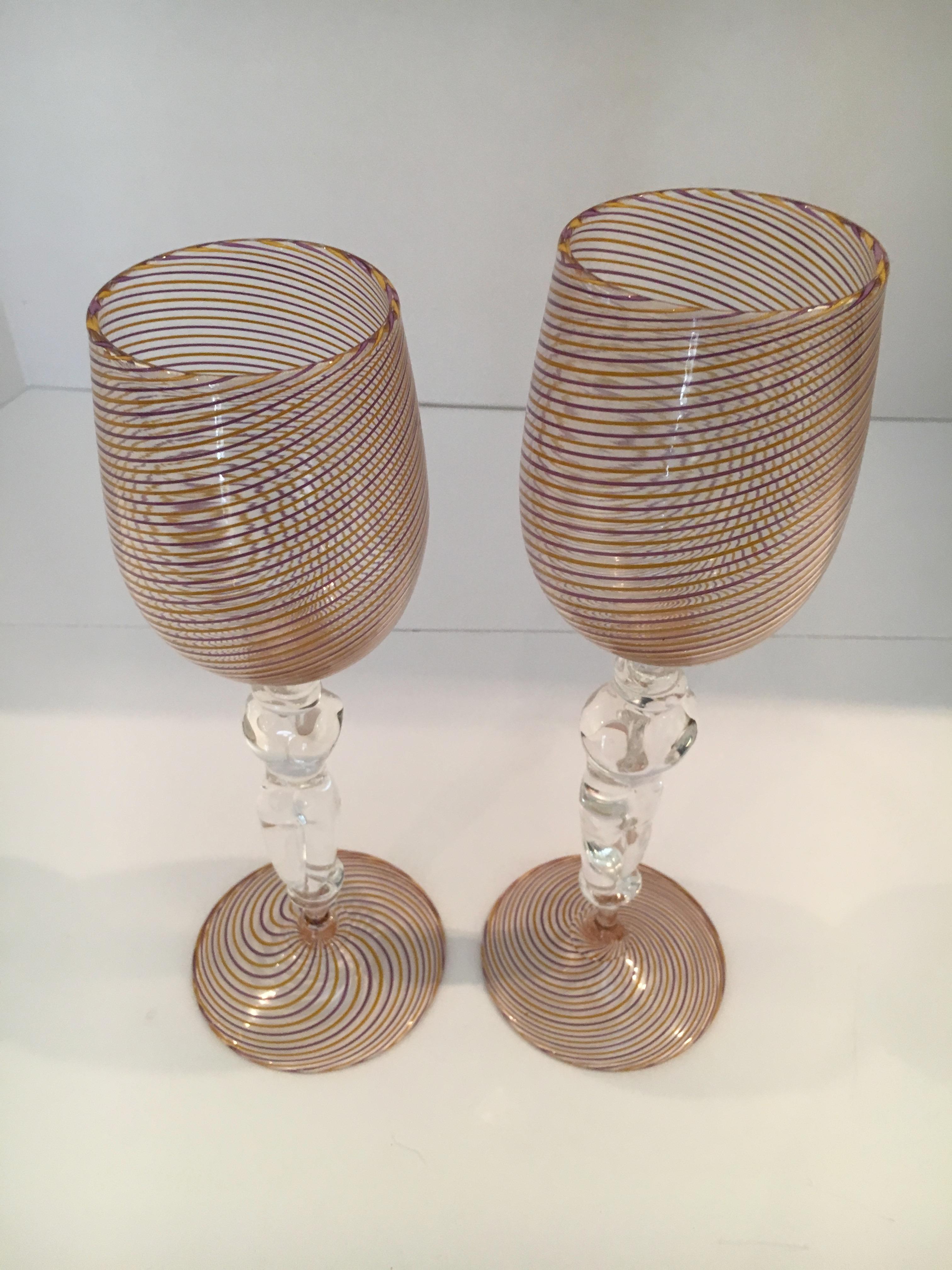 Folk Art Hand Blown His and Hers Stemmed Wine Glasses