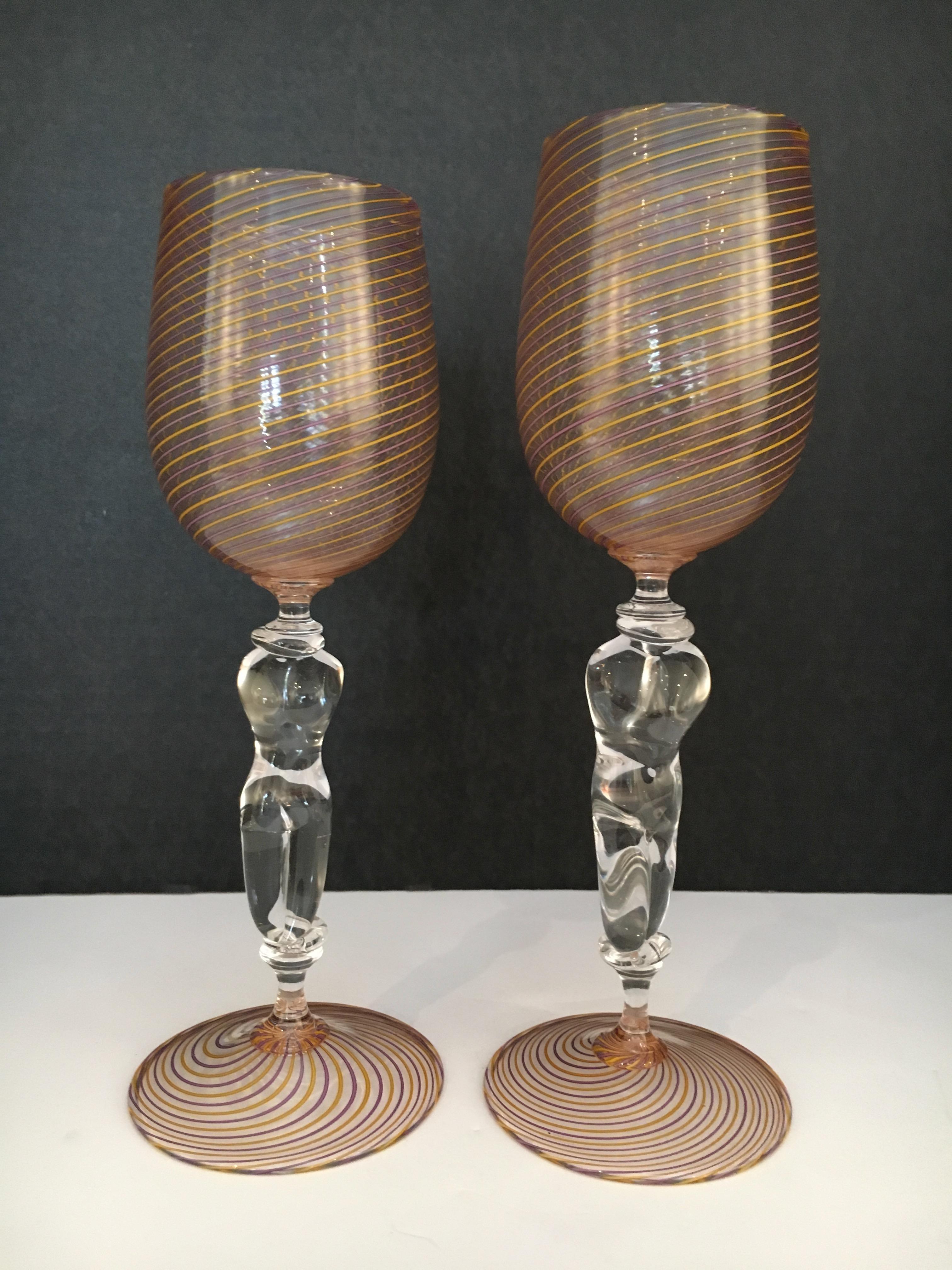 Hand Blown His and Hers Stemmed Wine Glasses In Excellent Condition In Los Angeles, CA