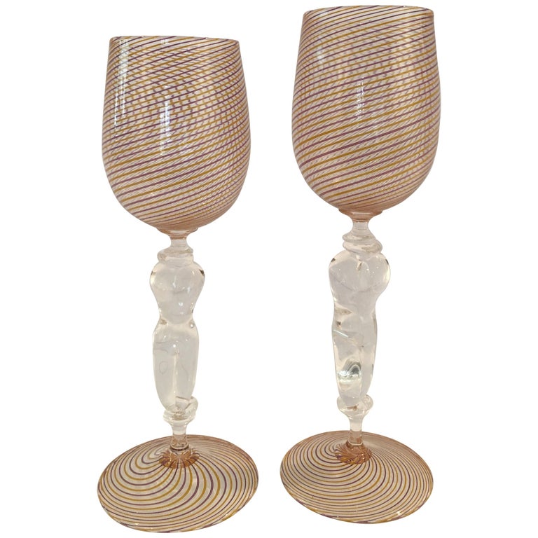 Hand Blown His and Hers Stemmed Wine Glasses at 1stDibs