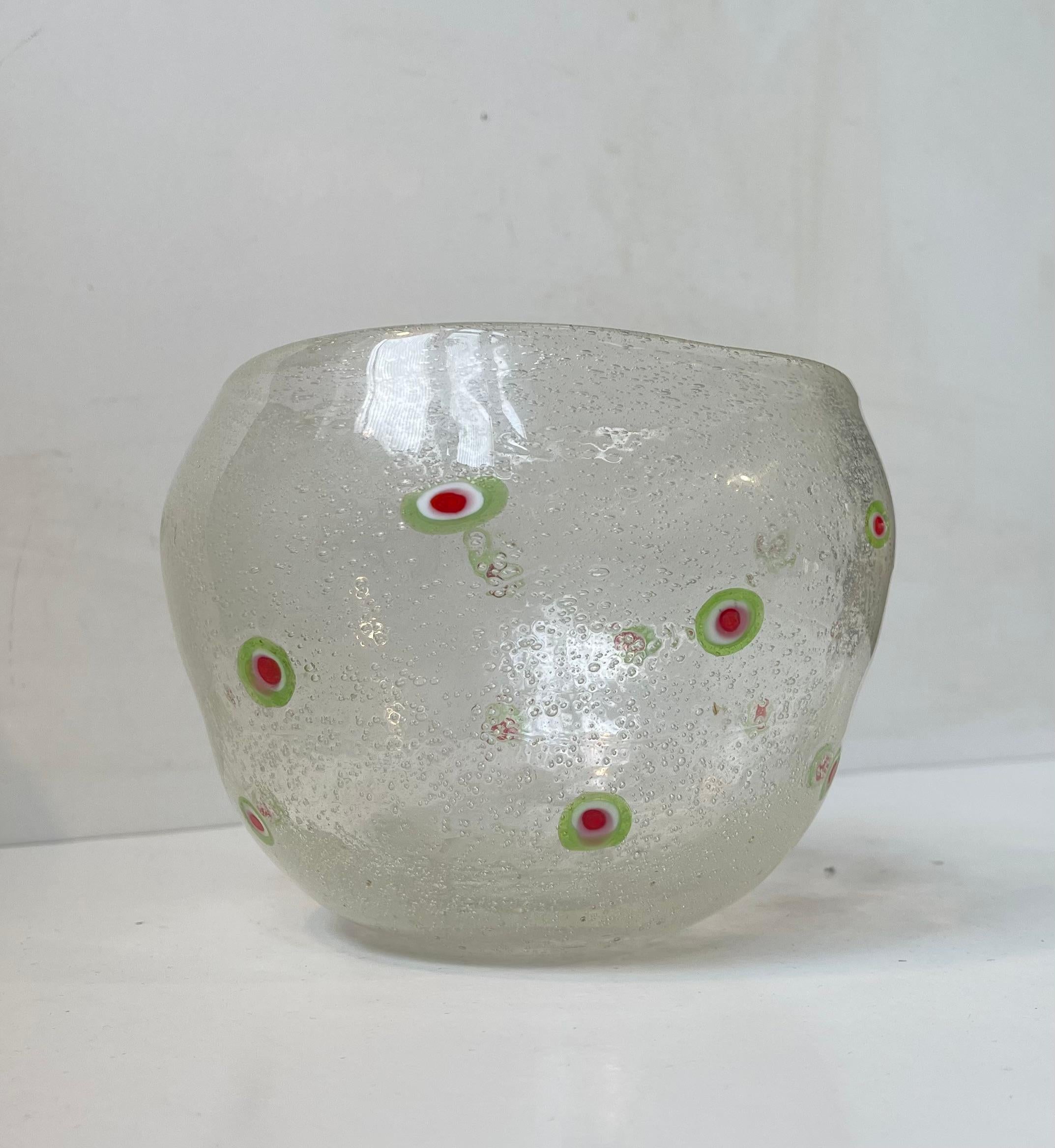 Hand-Crafted Hand-Blown Italian Art Glass Bowl with Air Bubbles & Flowers, 1960s For Sale
