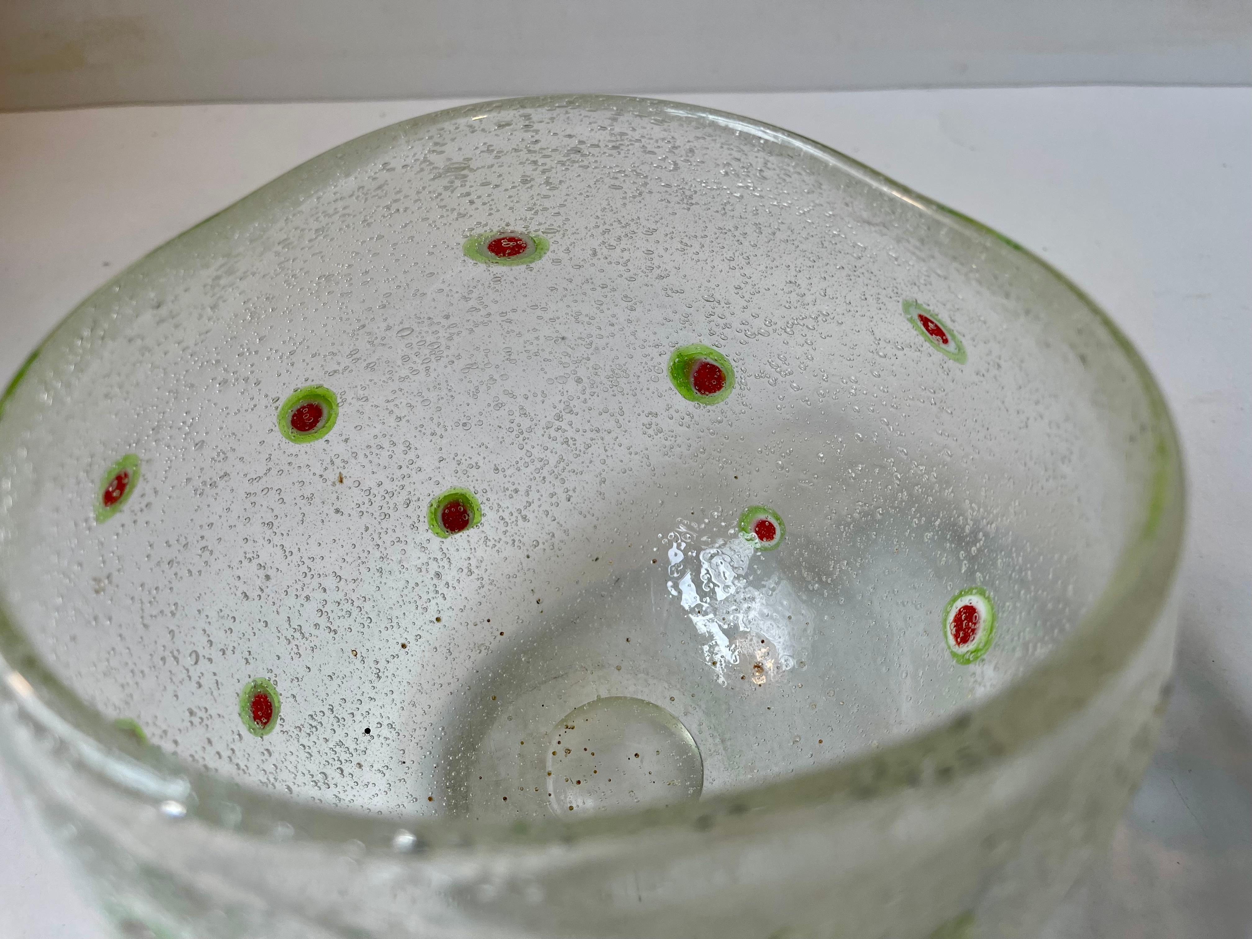 Late 20th Century Hand-Blown Italian Art Glass Bowl with Air Bubbles & Flowers, 1960s For Sale