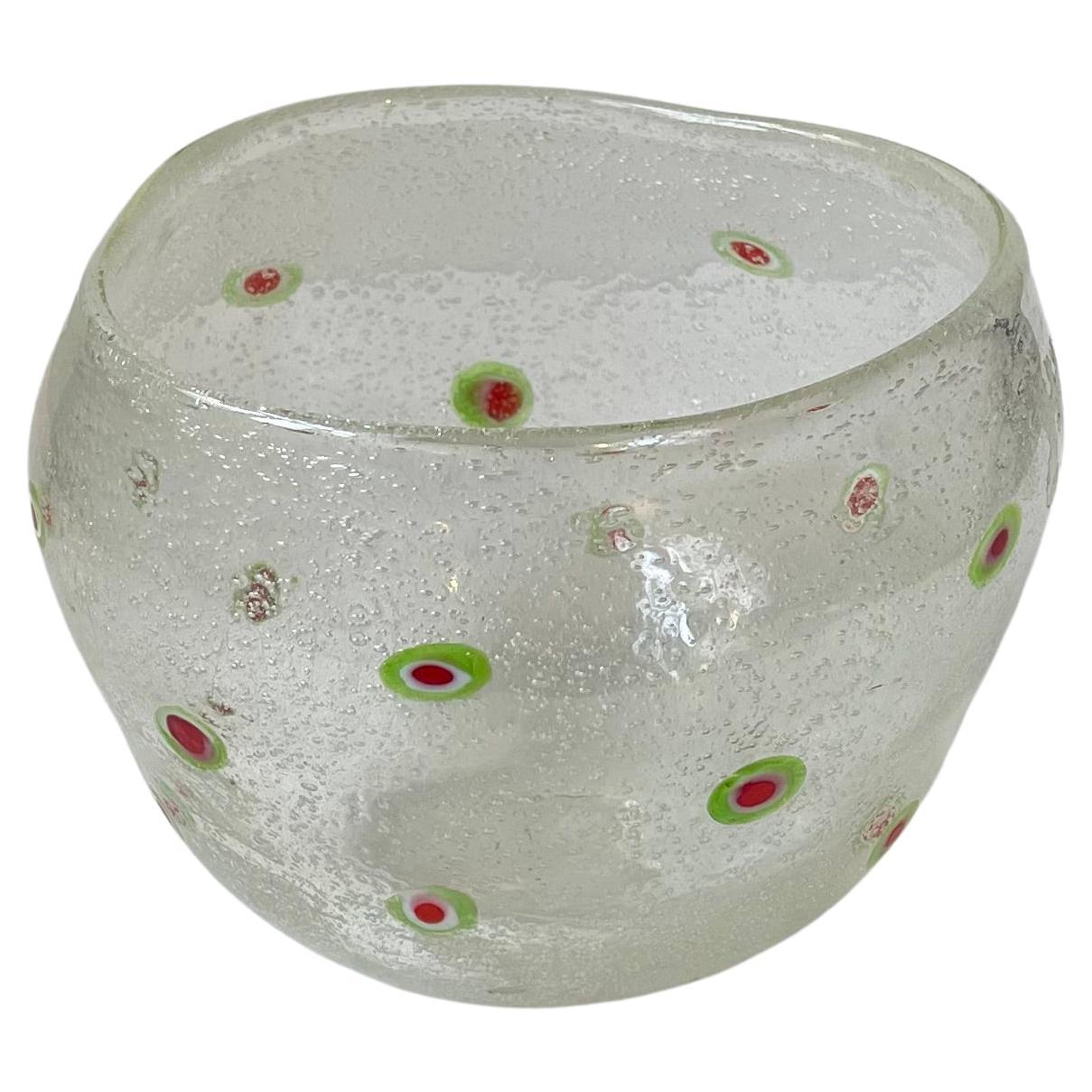 Hand-Blown Italian Art Glass Bowl with Air Bubbles & Flowers, 1960s