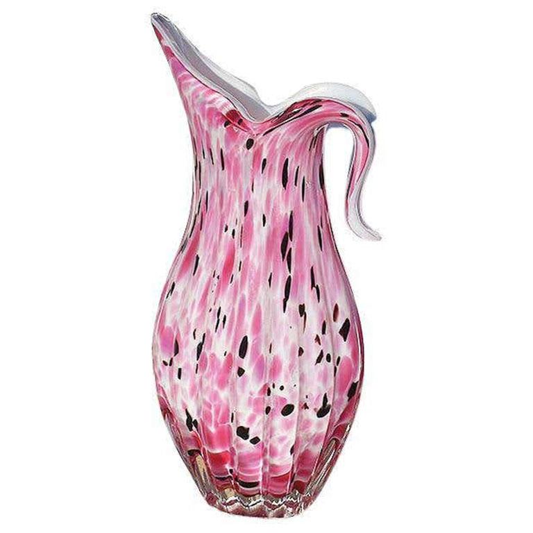 Jarra o Jarrón de cristal soplado italiano de Murano en rosa, fondo y blanco Art Decó en venta
