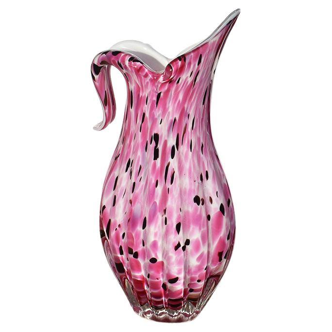 Hand Blown Italian Murano Art Glass Pitcher or Vase in Pink, Back and White