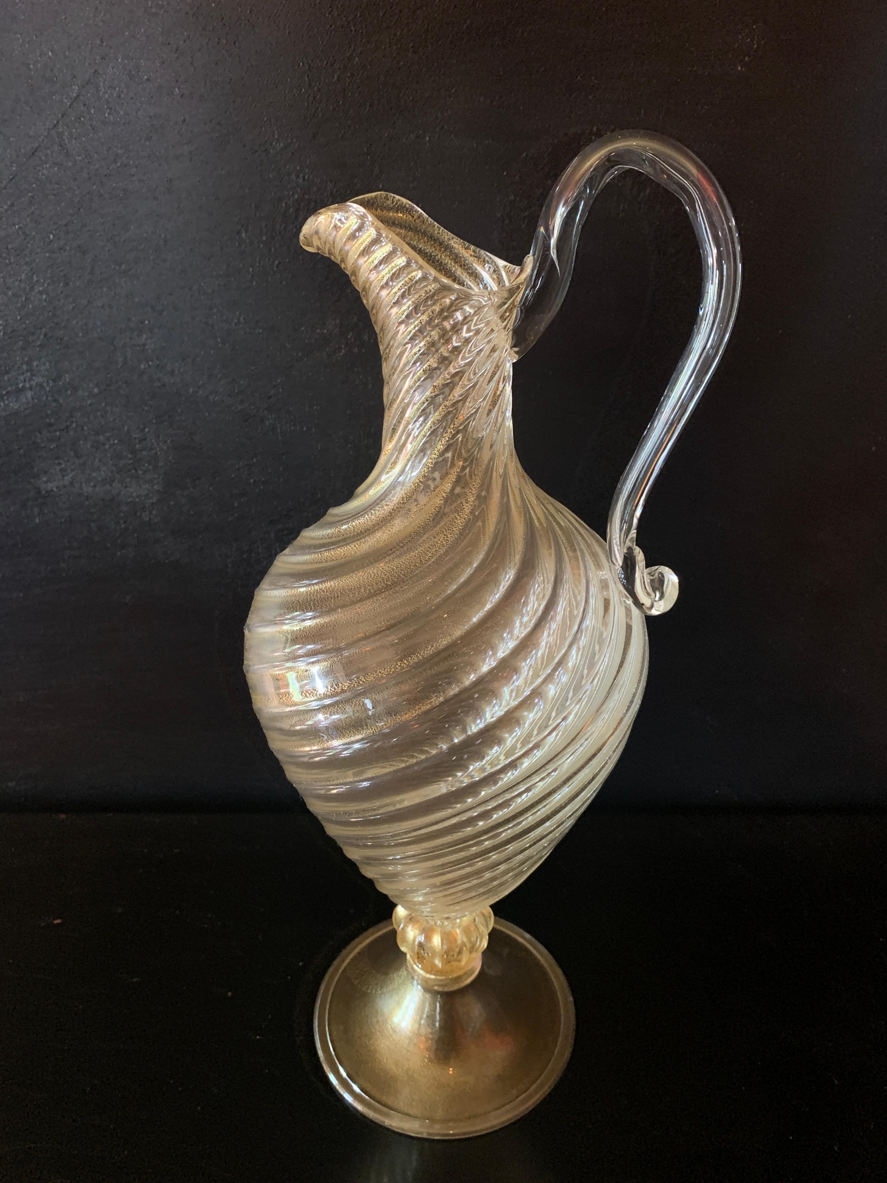 Mid-Century Modern Hand Blown Italian Murano Swirl Decanter with Gold Leaf Inclusions
