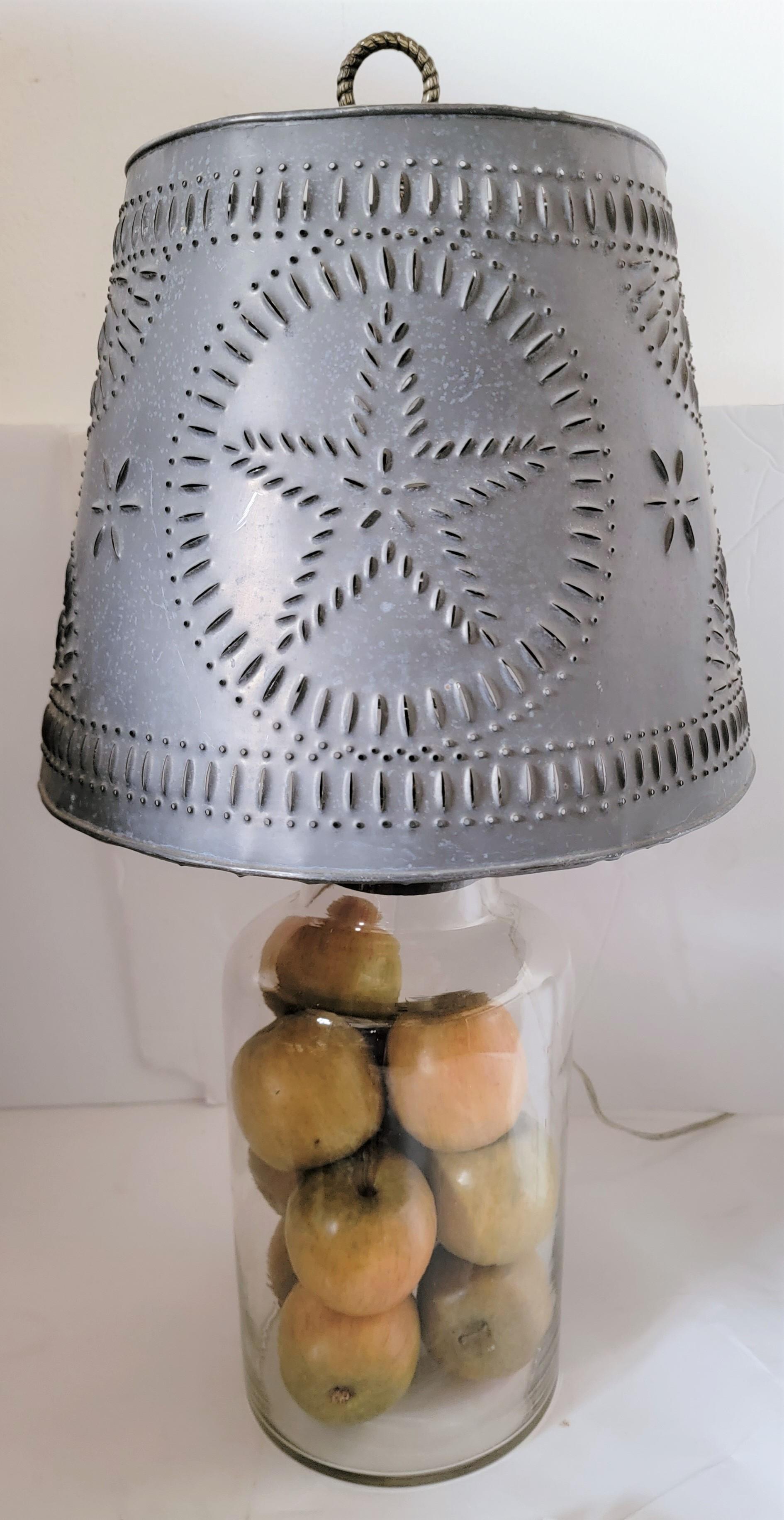 Hand-Crafted Hand Blown Lamp with Fruit and Star Punch Tin Shade For Sale