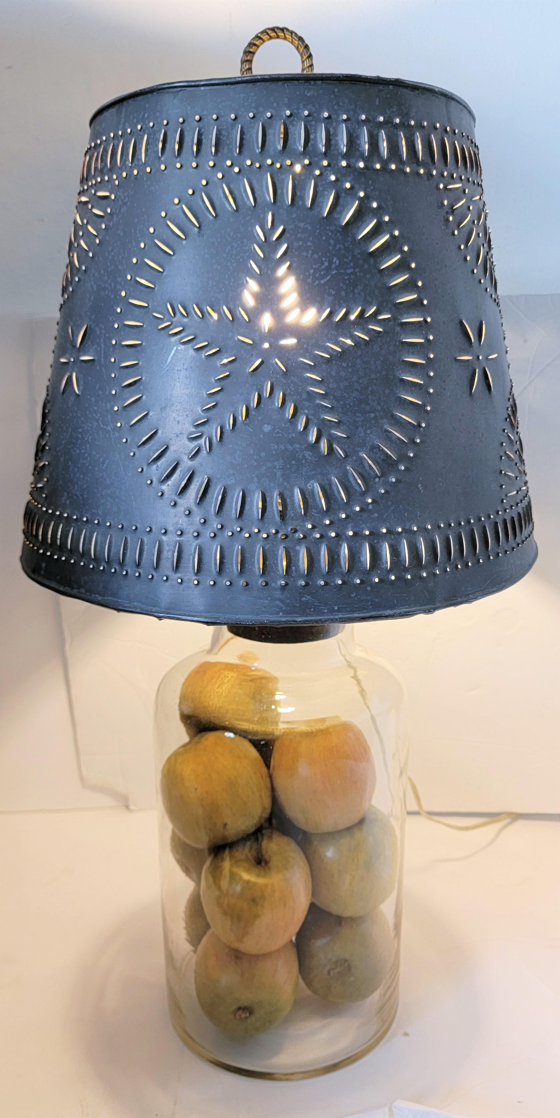 19th Century Hand Blown Lamp with Fruit and Star Punch Tin Shade For Sale