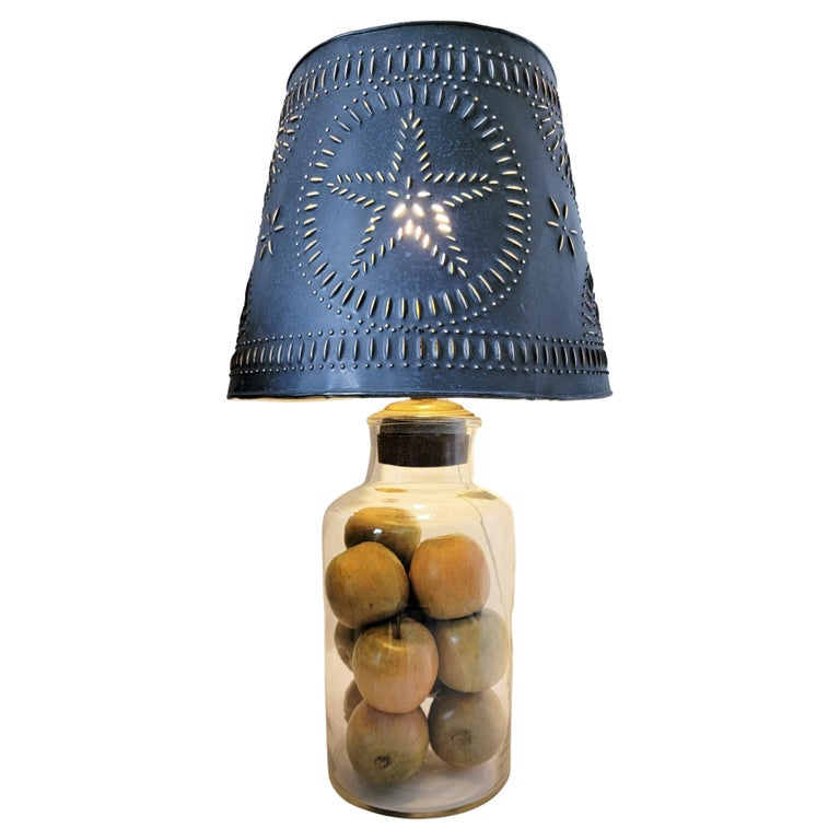 Hand Blown Lamp with Fruit and Star Punch Tin Shade For Sale