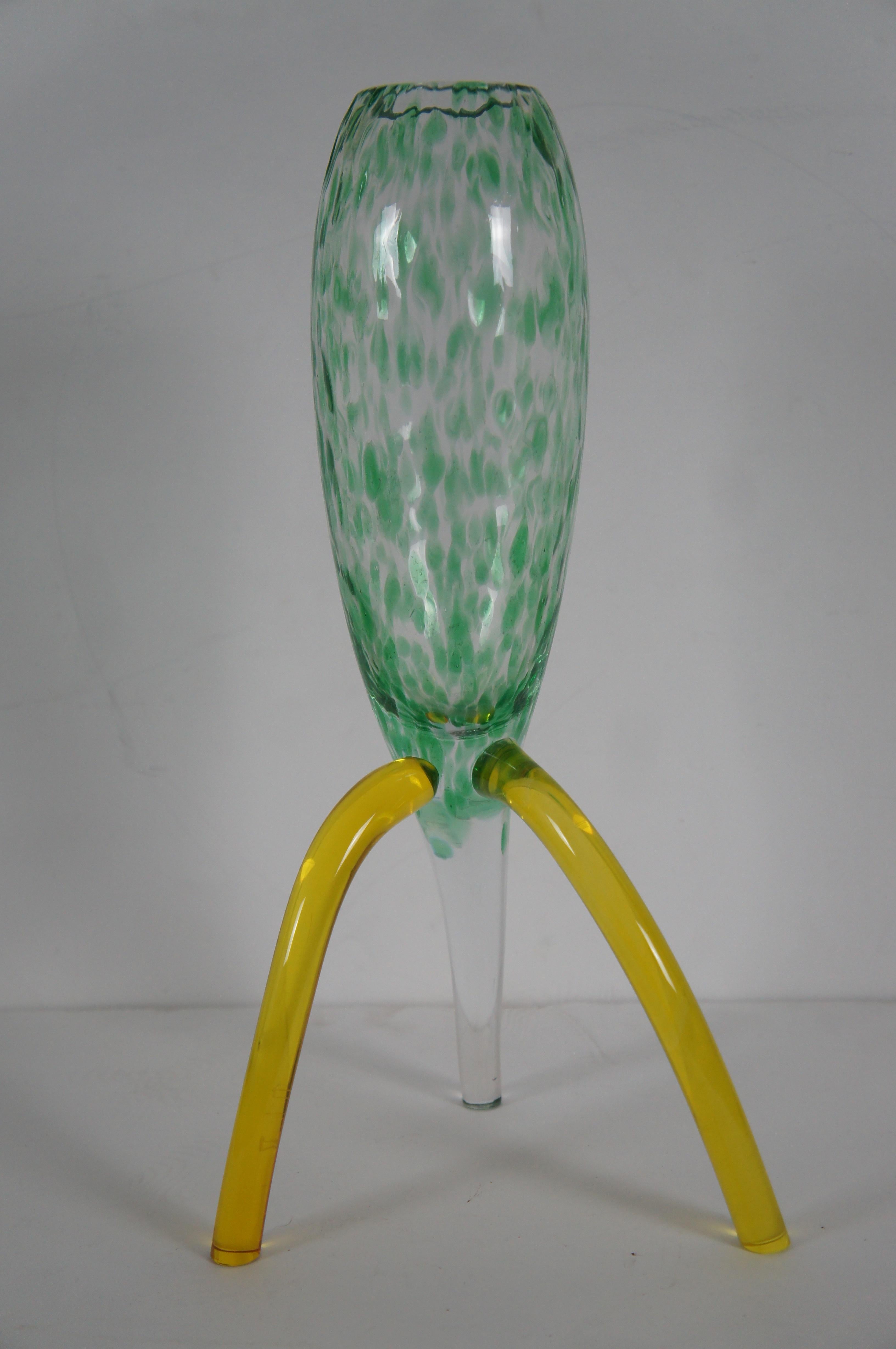 20th Century Hand Blown Mid Century Modern Atomic Green &Yellow Studio Art Glass Bud Vase 16