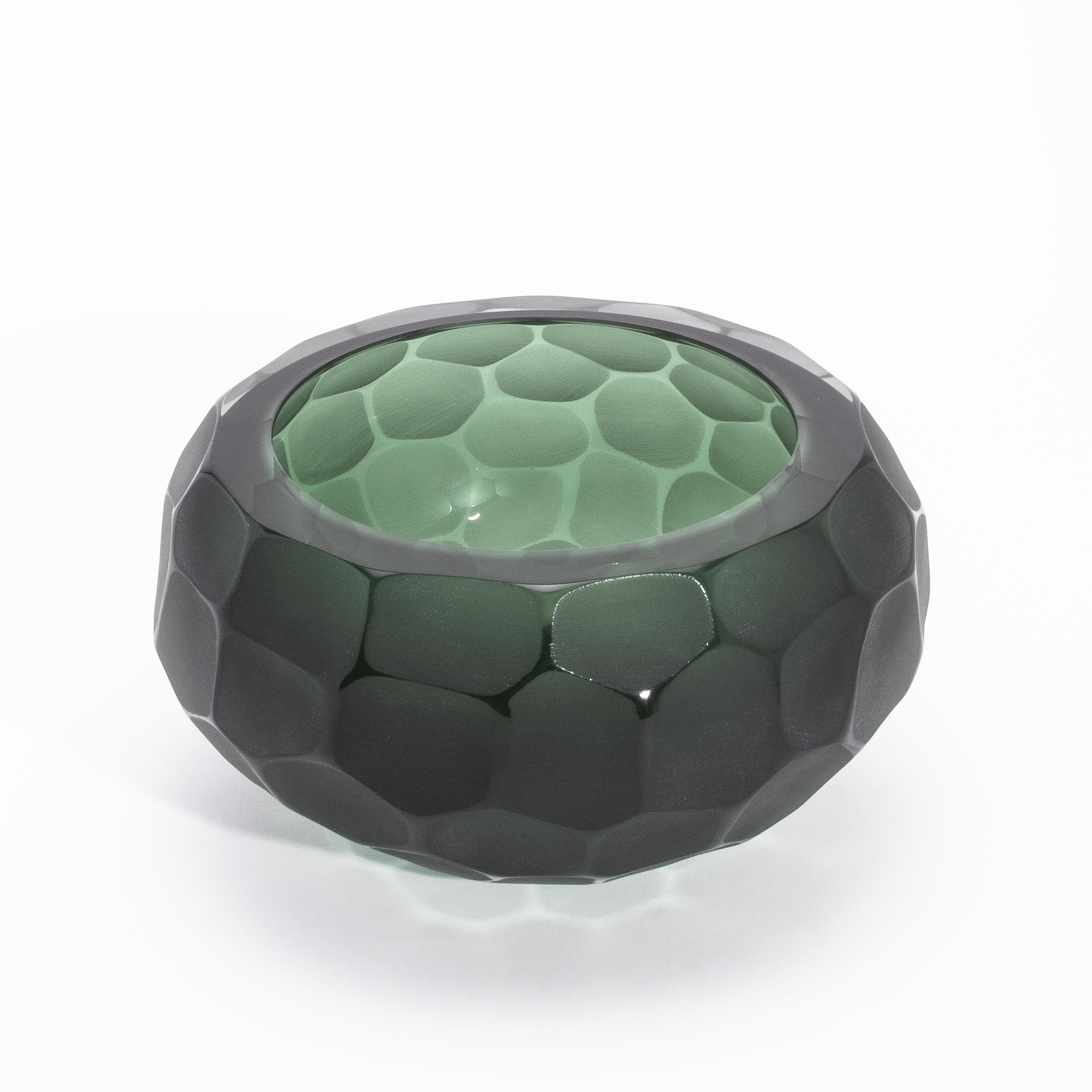 Hand-Blown Modern Murano Bowl in Eucalyptus Green—an exquisite creation crafted by the best Venetian glass masters, this sculptural masterpiece embodies the timeless artistry of Murano glass. Showcasing the revered Battuto technique, each bowl is