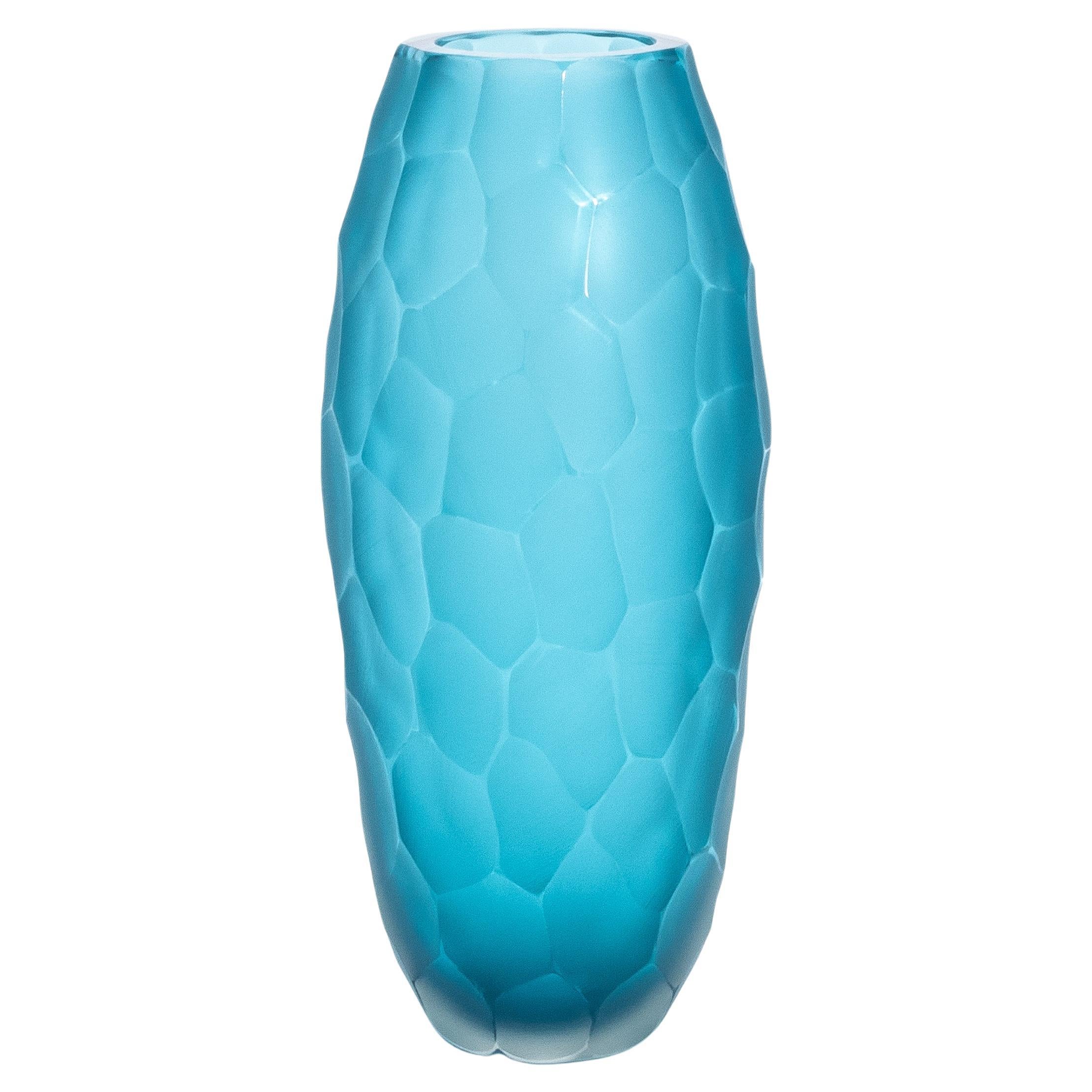 Vaso di Murano alto e moderno soffiato a mano in acquamarina media