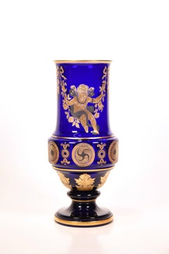 Hand Blown Moser Crystal Cobalt Blue Vase W/ Gold Overlay & Engraved Cherubs