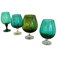 Vintage Hand Blown Multi-Green / Blue Hues Large Blown Glass Brandy Snifters / Vases