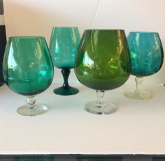 Hand Blown Multi-Green / Blue Hues Large Blown Glass Brandy Snifters / Vases
