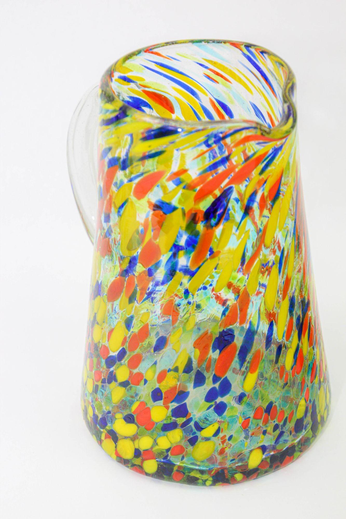 Post-Modern Hand Blown Multicolor Murano Style Art Glass Jug Pitcher and Glasses For Sale