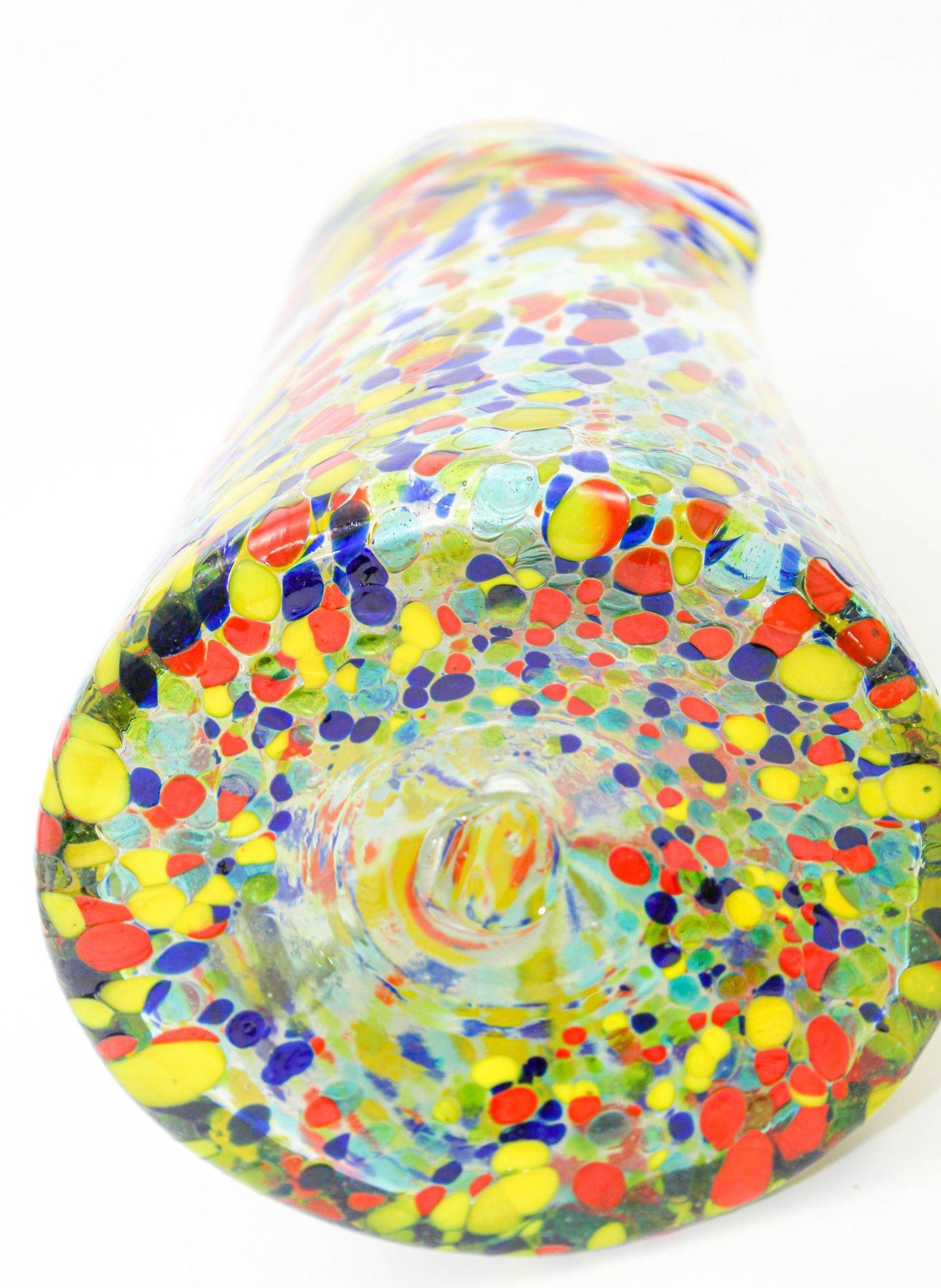 Hand Blown Multicolor Murano Style Art Glass Jug Pitcher and Glasses In Good Condition For Sale In North Hollywood, CA
