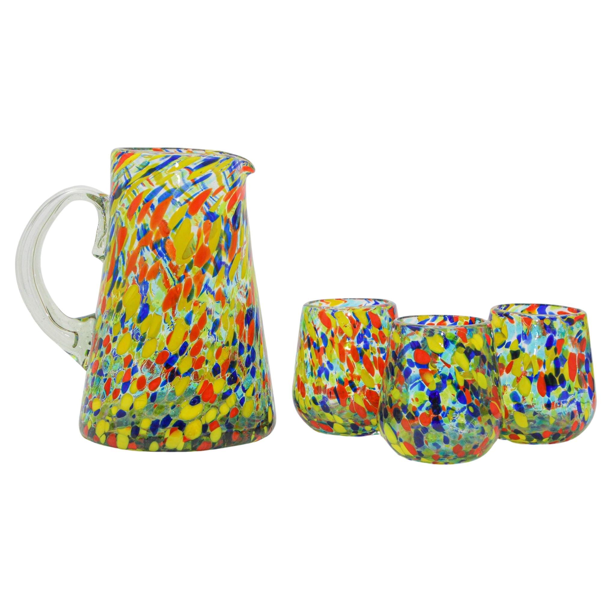 Hand Blown Multicolor Murano Style Art Glass Jug Pitcher and Glasses For Sale