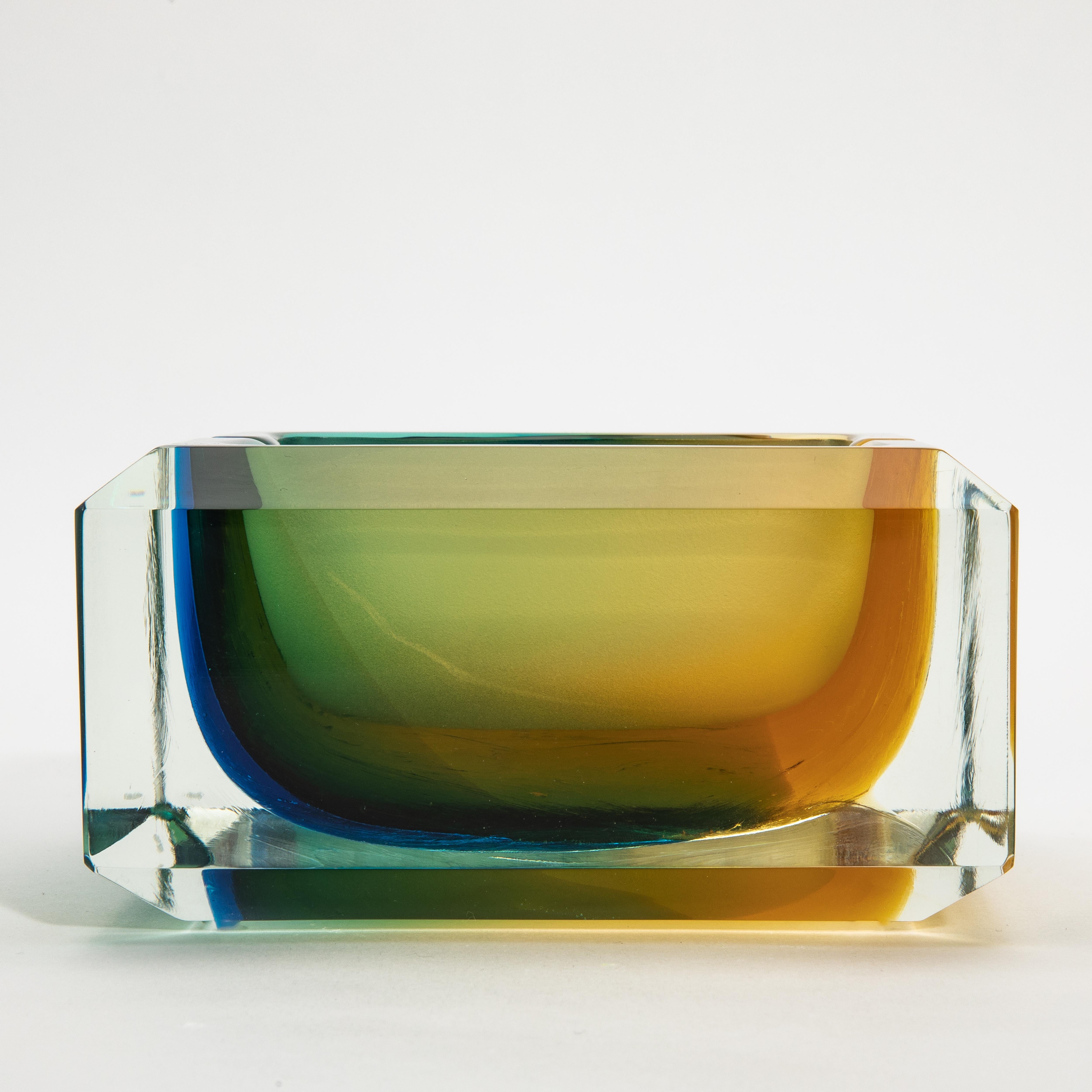 Hand-Crafted Hand-Blown Murano Ashtray in Green, Blue and Amber