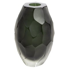 Hand Blown Murano Battuto Vase in Black and Deep Green Medium